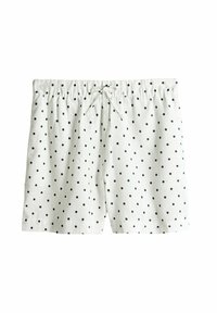 Weiße Stoffshorts mit schwarzen Punkten, elastischem Bund und Kordelzug. Glatte Textur, lockere Passform und lässiges Design.