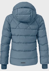 Blaue Daunenjacke mit gestepptem Design, Kapuze und gerippten Bündchen. Sie verfügt über horizontale Polsterung und ein kleines Akzentlogo am Saum.