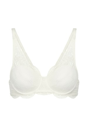 Weißer BH aus Spitze und glattem Stoff, mit Unterdrahtunterstützung, dekorativer Naht und floralen Mustern auf den Cups und Trägern.