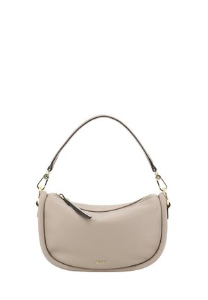 Beige Leder Schultertasche mit geschwungener Silhouette, goldener Hardware, Reißverschluss an der Oberseite und kleinem "abro"-Logo auf der Vorderseite.
