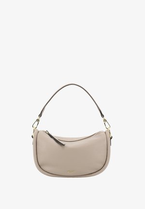 Borsa a spalla in pelle beige con silhouette curva, hardware dorato, zip superiore e piccolo logo "abro" sulla parte anteriore.