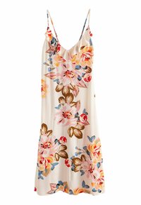 Vestido de seda color crema con un gran estampado floral en rosa, naranja, rojo y azul, escote en V con volantes y finas tirantes ajustables.
