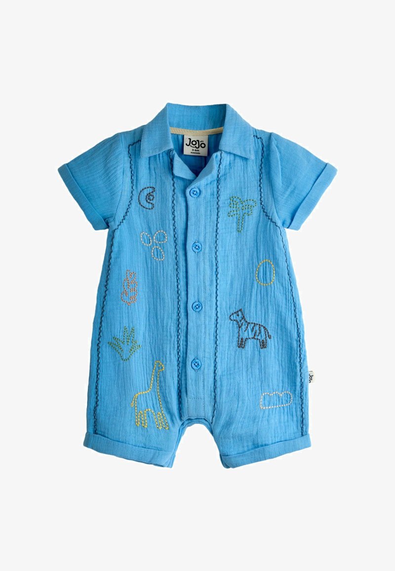 Combinaison courte à manches courtes bleue en tissu texturé, ornée de motifs brodés d'animaux et de formes de différentes couleurs, avec une fermeture à boutons sur le devant.