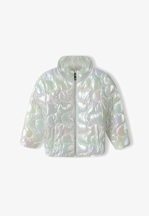 Veste courte en doudoune iridescente avec un col haut, fermeture éclair à l'avant et motif matelassé. Dotée de manches courtes et d'une texture lisse et brillante.