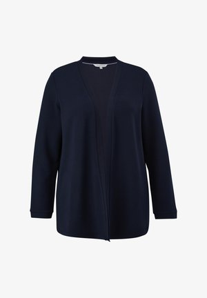 Navyblauer Cardigan aus geripptem Stoff mit langen Ärmeln, offenem Vorderteil und Schalkragen. Bietet einen lässigen Schnitt und eine glatte Textur.