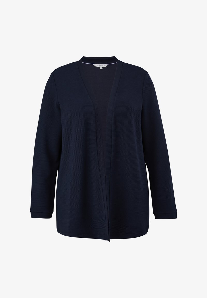 Cardigan blu navy realizzato in tessuto a coste con maniche lunghe, frontale aperto e colletto a scialle. Presenta una vestibilità comoda e una texture liscia.
