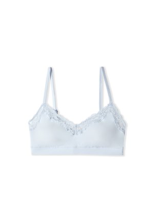Bralette azzurro chiaro con spalline sottili regolabili e rifinitura in pizzo lungo il bordo superiore, mostrato su sfondo bianco.