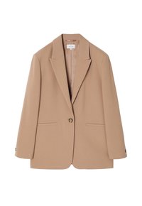 Blazer beige à un bouton avec revers crantés, manches longues, deux poches passepoilées devant et finition tissu lisse.