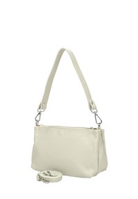 Kremowa skórzana torebka o teksturowanym wykończeniu, wyposażona w pojedynczy pasek na ramię oraz odczepiany pasek na ramię, z zapięciem na zamek błyskawiczny.