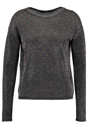 Pull en maille noir à manches longues, avec une encolure ronde et de fines mouchetures multicolores, sur fond blanc.