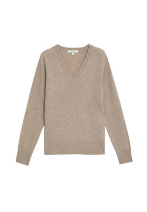 Beiger V-Ausschnittpullover aus weichem Stoff; verfügt über lange Ärmel, gerippte Bündchen und Saum sowie einen lockeren Schnitt. Keine Muster oder Verzierungen.