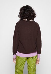 Suéter marrón de punto con un dobladillo de canalé rosa, llevado sobre pantalones verdes brillantes. El suéter tiene un corte holgado y un escote redondo.