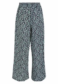 Pantalon ample bleu marine avec imprimé léopard abstrait blanc et turquoise et une taille élastique.