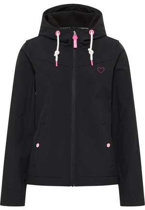 Melna mīksta apvalka jaka ar rāvējslēdzēja aizdari, rozā auklas akcentiem, divām sānu kabatām un nelielu sirds dizainu uz krūts.
