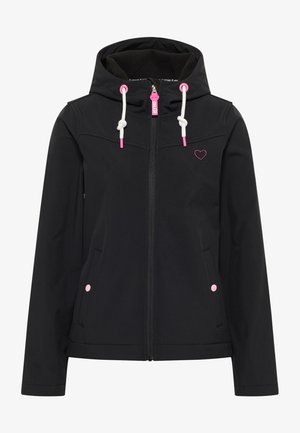 Fekete, lágy héjú dzseki cipzárral, rózsaszín húzózsinóros részletekkel, két oldalsó zsebbel és egy kis szívmintával a mellkason.