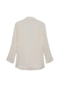Weißes, strukturiertes Langarmhemd mit Kragen und geradem Schnitt. Verfügt über ein dezentes zerknittertes Muster, keine Knöpfe oder sichtbaren Verschlüsse.