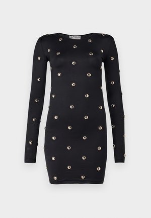 Black long-sleeve dress adorned with gold-toned circular embellishments, featuring a fitted silhouette and crew neckline.
