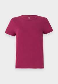 Kortermet t-skjorte i dyp magenta, laget av bomull, med rund hals, normal passform, med rent, minimalistisk design uten synlige mønstre eller detaljer.