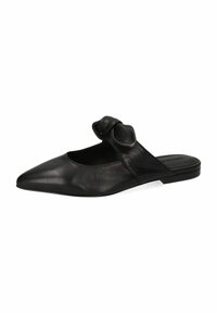 Scarpa slip-on nera in pelle con punta affusolata, tacco piatto e un morbido dettaglio annodato sulla parte superiore. Texture liscia e design minimale.