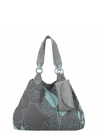 Borsa a tracolla in tessuto grigio con motivo a foglie e punti in turchese. Presenta due manici grigi e una pochette abbinata staccabile con un design maculato.