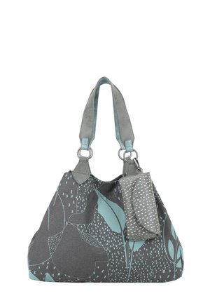 Grau Stoff Handtasche mit mintgrünem Blatt- und Punktenmuster. Mit doppelten grauen Trägern und einer abnehmbaren passenden Tasche mit einem gesprenkelten Design.