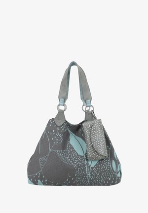 Grijze stoffen handtas met een teal kleurig blad- en stippenpatroon. Voorzien van twee grijze handvatten en een afneembare bijpassende tas met een gespetterd ontwerp.