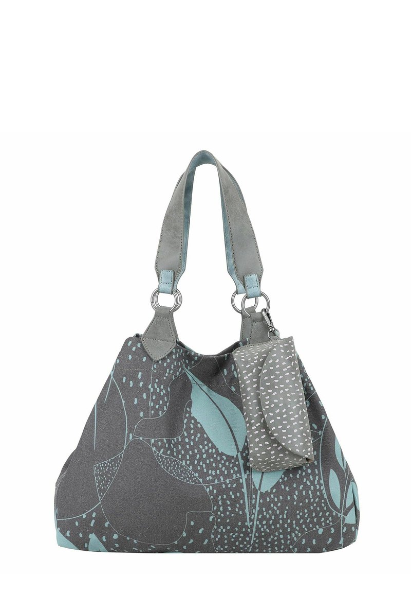 Borsa a tracolla in tessuto grigio con motivo a foglie e punti in turchese. Presenta due manici grigi e una pochette abbinata staccabile con un design maculato.
