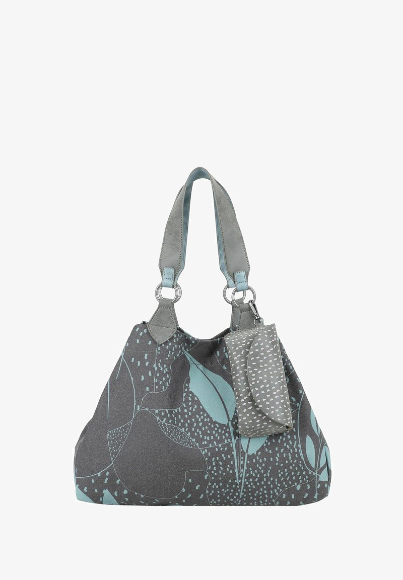 Grau Stoff Handtasche mit mintgrünem Blatt- und Punktenmuster. Mit doppelten grauen Trägern und einer abnehmbaren passenden Tasche mit einem gesprenkelten Design.