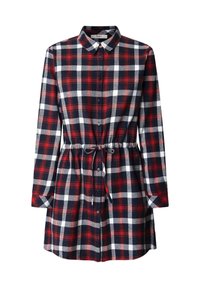 Robe à manches longues boutonnée avec motif à carreaux rouge, noir et blanc, col et ceinture à la taille.