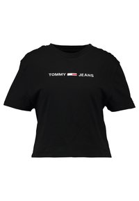 Černé zkrácené tričko z bavlny s krátkými rukávy, na němž je bílé a červené vyšívané logo "TOMMY JEANS". Jednoduchý kulatý výstřih.