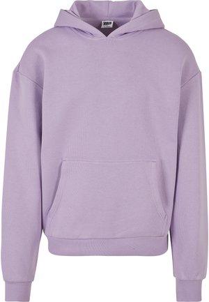 Lila Kapuzenpullover aus weichem Stoff, mit einer geräumigen Fronttasche, einer großen Kapuze und gerippten Bündchen. Schlichtes Design ohne Muster.