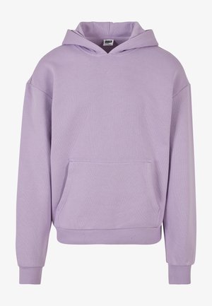 Lila Kapuzenpullover aus weichem Stoff, mit einer geräumigen Fronttasche, einer großen Kapuze und gerippten Bündchen. Schlichtes Design ohne Muster.