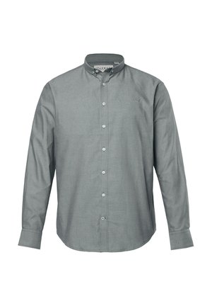Langarm, knöpfbares Hemd aus strukturiertem, hellgrauem Stoff. Verfügt über einen Kragen, eine mittige Knopfleiste und ein gesticktes Logo auf der Brust.