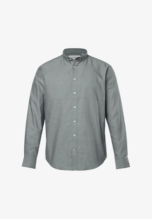 Langarm overhemd met kraag in een gestructureerde grijze stof met witte knopen en een klein logo op de borst. Heeft een getailleerde pasvorm en manchetten.