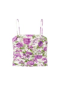Top corto blanco con tirantes finos, con un estampado floral púrpura y verde y detalles fruncidos.