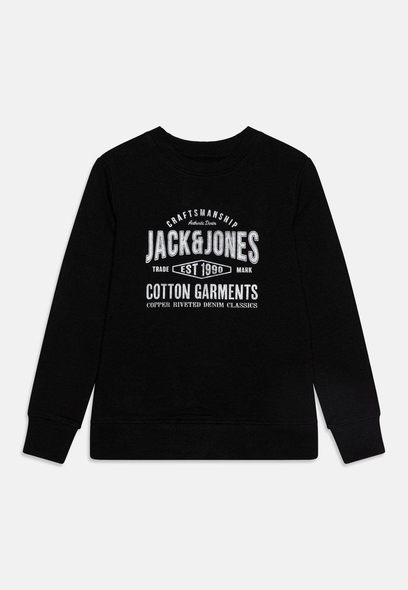 Sweatshirt preto de algodão com gola redonda canelada e punhos canelados. A parte da frente apresenta texto impresso em branco com o nome da marca e outros gráficos.