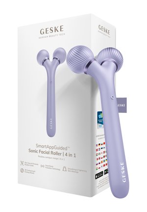 Lavendelkleurige sonische gezichtsroller met dubbele gestructureerde bollen naast een witte doos met het label "GESKE German Beauty Tech" en productkenmerken.