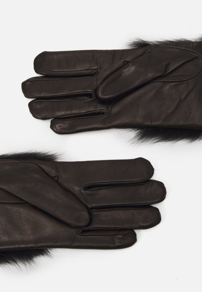 Guantes de cuero negro con un suave borde de piel, de cinco dedos y una textura lisa, mostrados extendidos sobre un fondo blanco.