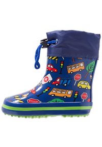 Bottes de pluie imperméables pour enfant avec un extérieur bleu à motifs et des icônes de circulation colorées, un revers en tissu marine et une semelle en caoutchouc verte.