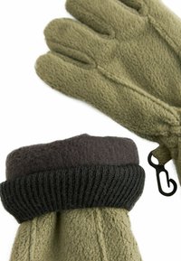 Fleece-Handschuhe in Olivgrün mit einem schwarzen Strickbund. Strukturiertes Material und Design mit drei Fingern, ausgestattet mit einer Schlaufe zur sicheren Befestigung.