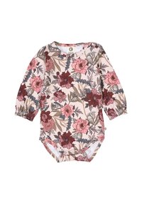 Dětský body s dlouhým rukávem v měkké růžové tkanině s květinovým vzorem v burgundy, růžové a šedé barvě, s elastickými manžetami a patentním zapínáním.