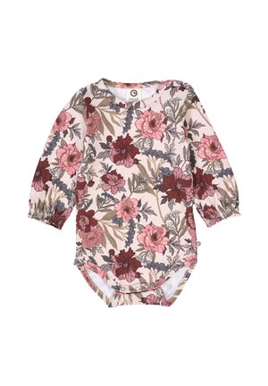 Langärmliger Baby-Body aus weichem, pinkfarbenem Stoff mit einem floralen Muster in Burgunder, Pink und Grau, elastischen Bündchen und Druckknopfverschluss.