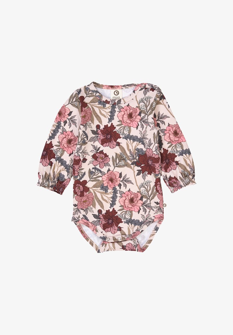 Długi rękaw bodysuit dla niemowląt w miękkim różowym kolorze, z kwiatowym wzorem w odcieniach burgundu, różu i szarości, z elastycznymi mankietami i zapięciem na napy.