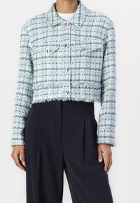 Vrouw in een lichtblauwe en witte gebreide cropped blazer met lange mouwen, gedragen met hoge zwarte broek, tegen een witte achtergrond.