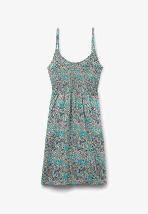 Vestido de verano con patrón floral multicolor que presenta un corpete fruncido, tirantes finos y un dobladillo fluido. Hecho de una tela ligera.