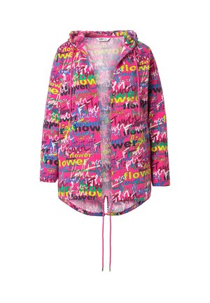 Giacca con cappuccio rosa con motivi di testo in stile graffiti colorato, inclusa la parola "fiore" in vari font, con cordini all'orlo.