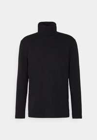 Schwarzes Langarm-Turtleneck-Shirt mit eng anliegendem Kragen und glattem, schlichten Stoff auf einem weißen Hintergrund.