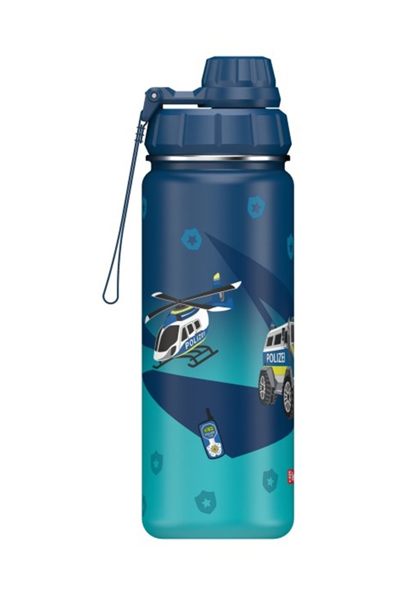 Blaue Wasserflasche mit Schraubverschluss. Verfügbar mit Polizeimotiven: ein Hubschrauber, ein Fahrzeug und ein Funkgerät. Glatte Oberfläche, hohe zylindrische Form.
