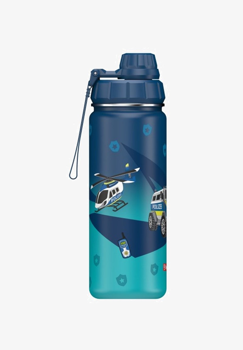 Blaue Wasserflasche mit Schraubverschluss. Verfügbar mit Polizeimotiven: ein Hubschrauber, ein Fahrzeug und ein Funkgerät. Glatte Oberfläche, hohe zylindrische Form.
