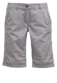 Pantalones cortos de algodón grises de corte relajado, con bolsillos laterales, cierre de botón y dobladillos enrollados para un look casual.
